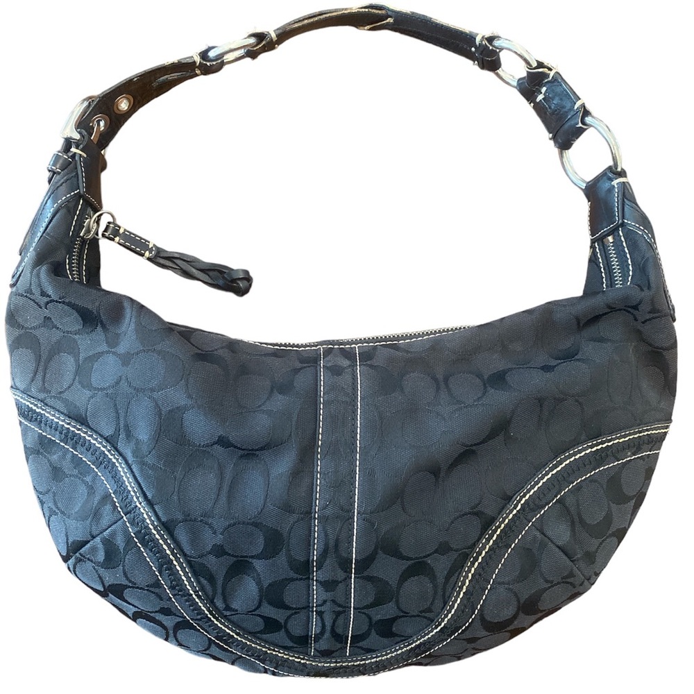 Coach Signature C Black Jacquard Canvas and Leather Trim Hobo Shoulder Bag